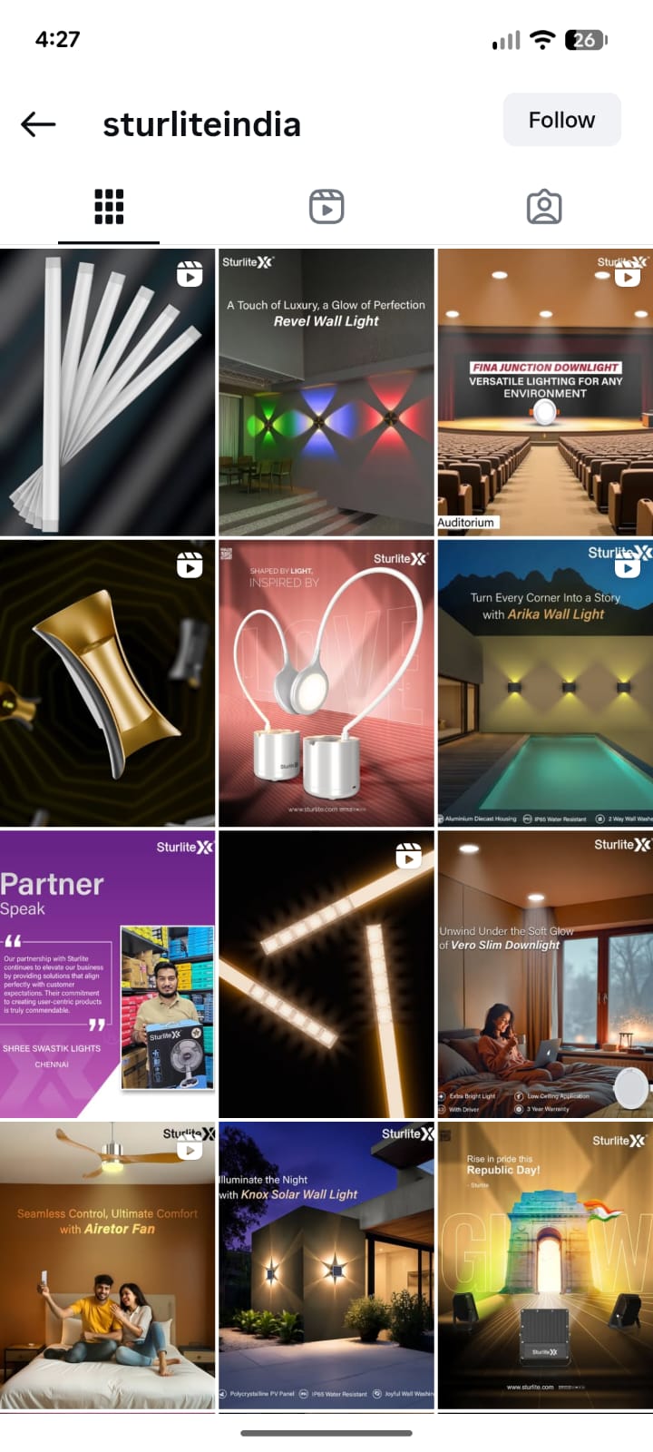 Social media grid layout showing consistent branding for Sturlite.